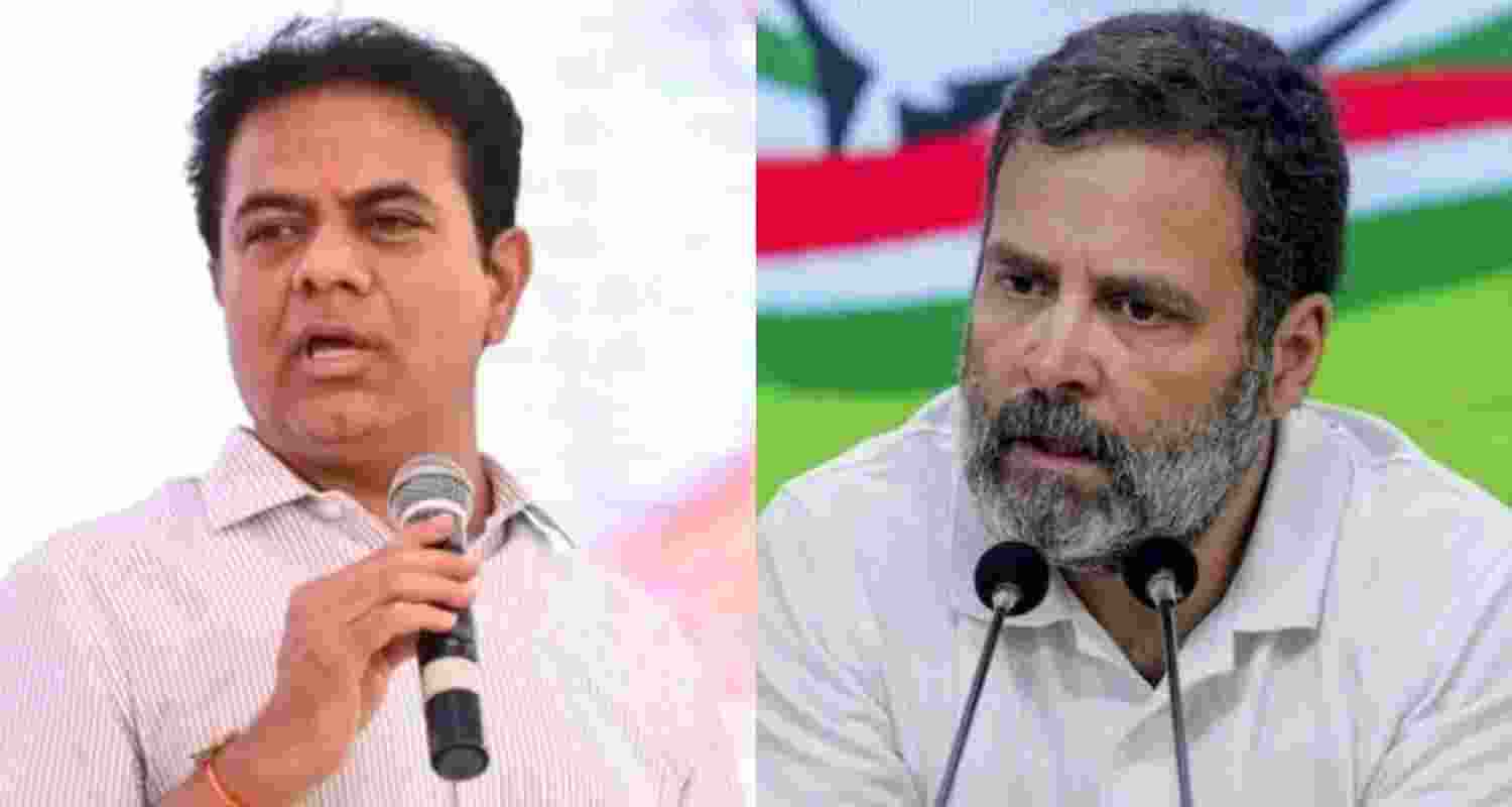 Bharat Rashtra Samithi Working President KT Rama Rao (left) and Congress leader Rahul Gandhi. Bharat Rashtra Samithi Working President KT Rama Rao (left) and Congress leader Rahul Gandhi.