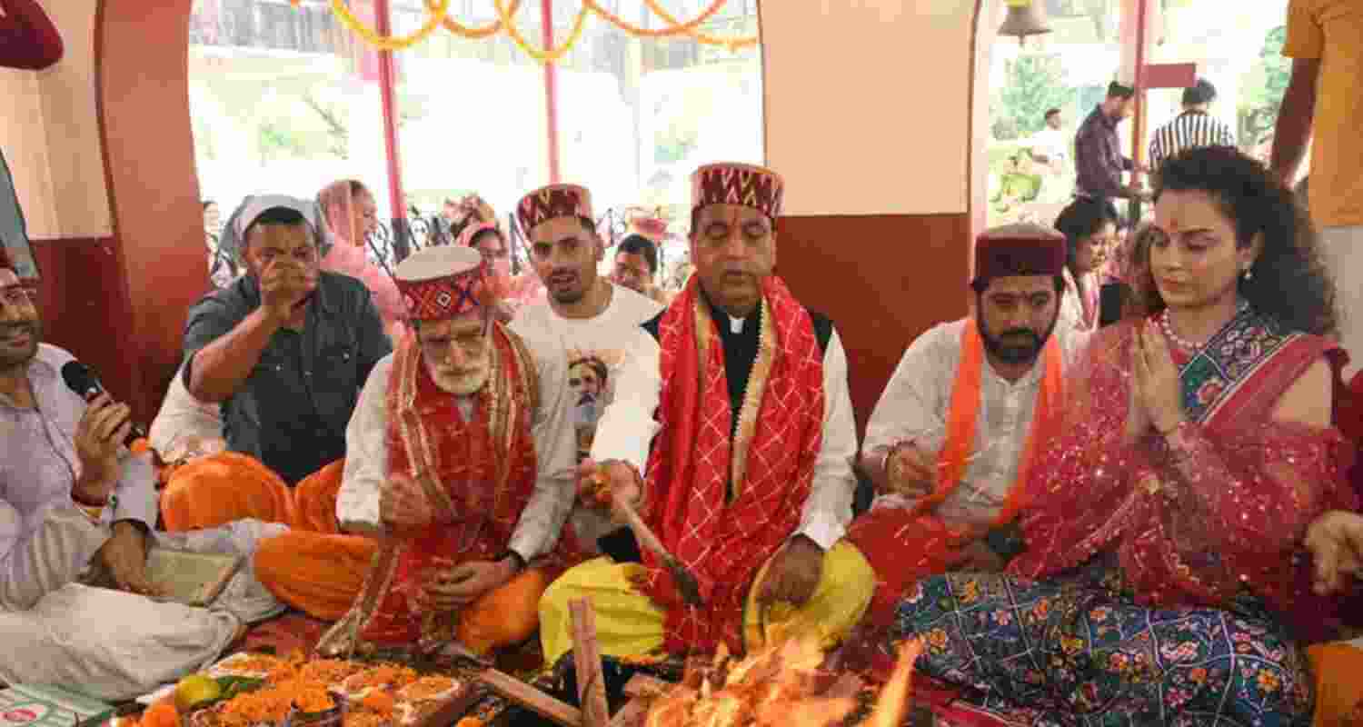 Mandi MP and Bollywood actress Kangana Ranaut performs a Havna ceremony at Sidhkali Temple in Mandi town on Wednesday. Mandi MP and Bollywood actress Kangana Ranaut performs a Havna ceremony at Sidhkali Temple in Mandi town on Wednesday.