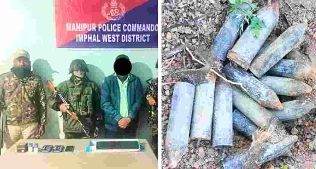 KYKL cadre detained by security forces (left) and recovered bombs, later neutralised, in Imphal East district.” KYKL cadre detained by security forces (left) and recovered bombs, later neutralised, in Imphal East district.”