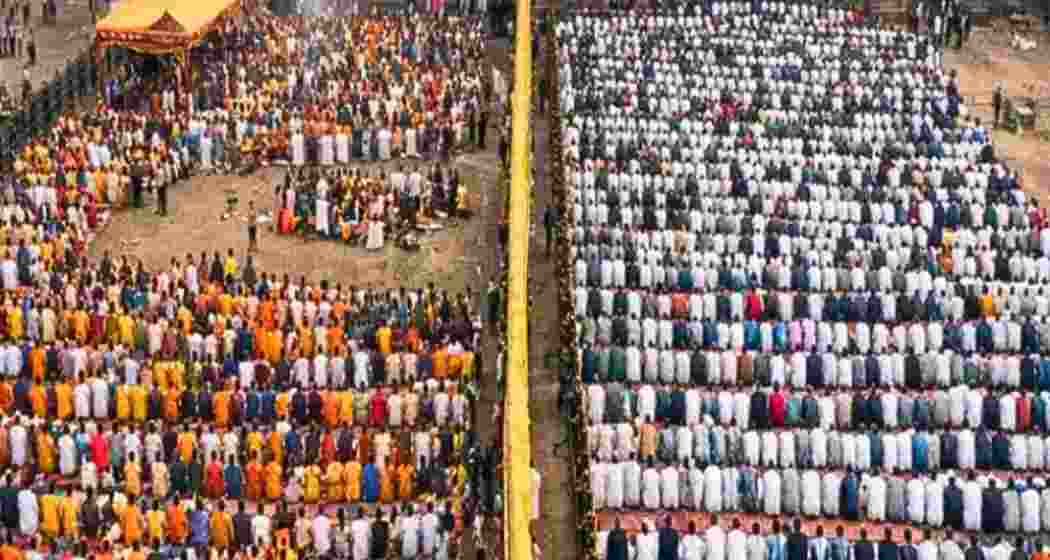 Puja and namaz being held simultaneously at the Bhojshala-Kamal Maula complex in Dhar on Friday. Puja and namaz being held simultaneously at the Bhojshala-Kamal Maula complex in Dhar on Friday.