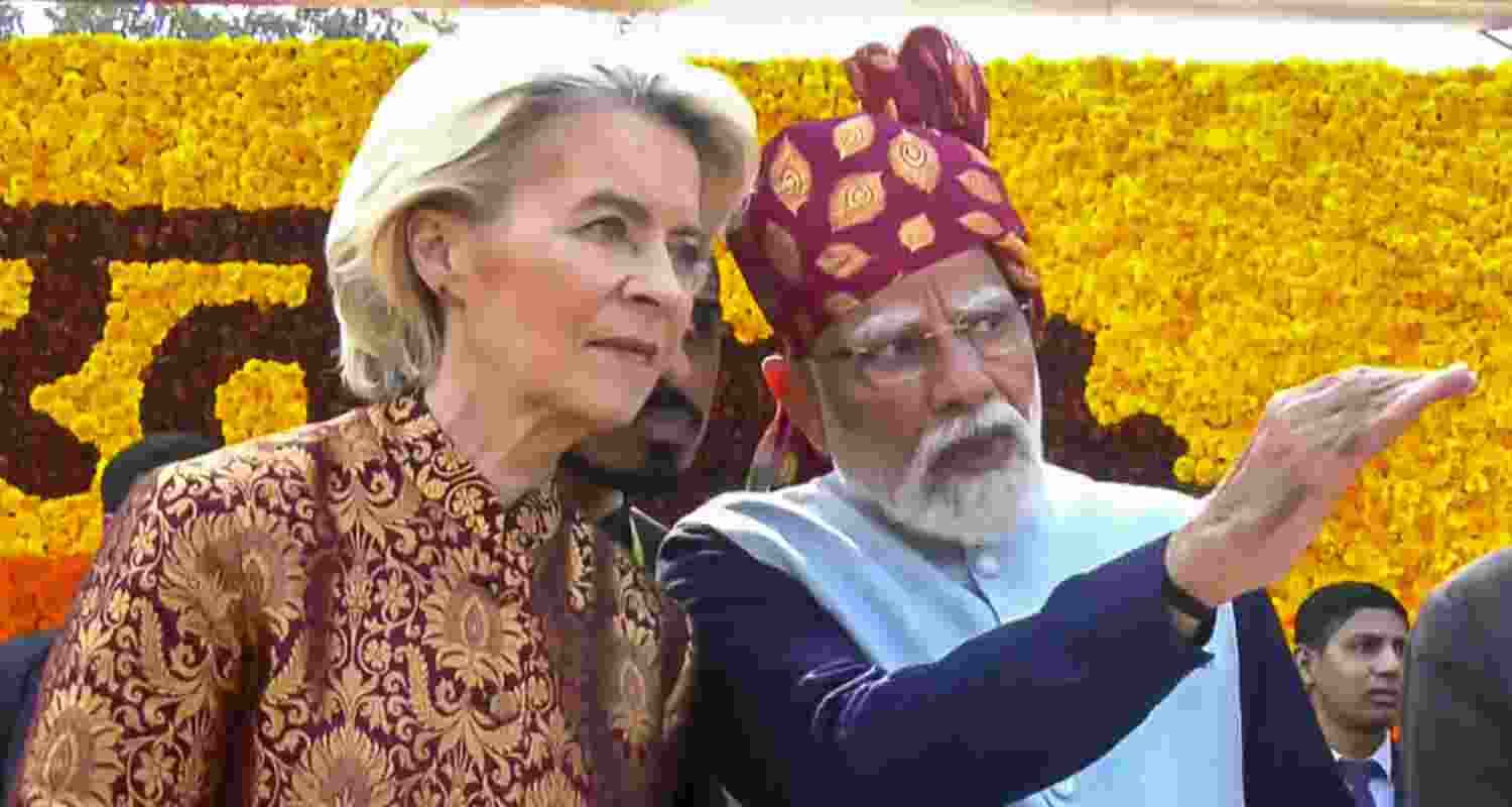 Prime Minister Narendra Modi, centre, with President of the European Commission Ursula von der Leyen during the 77th Republic Day Parade, at Kartavya Path. Prime Minister Narendra Modi, centre, with President of the European Commission Ursula von der Leyen during the 77th Republic Day Parade, at Kartavya Path.