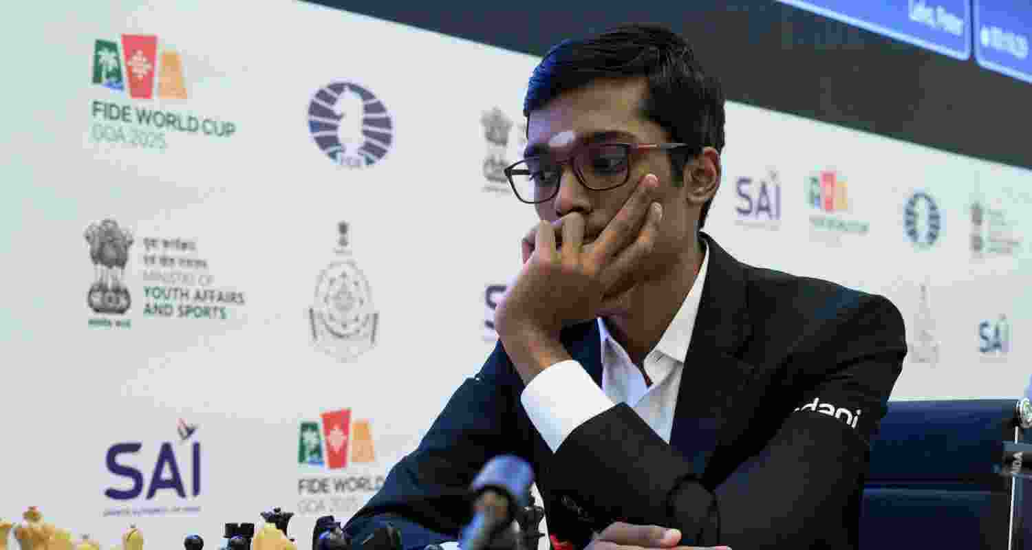 R Praggnanandhaa during his Round 4 tiebreak game at the FIDE World Cup in Panaji on Thursday. R Praggnanandhaa during his Round 4 tiebreak game at the FIDE World Cup in Panaji on Thursday.