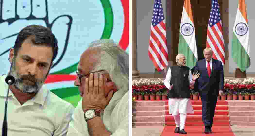 Rahul Gandhi and Jairam Ramesh (left) with PM Modi meeting US President Donald Trump in New Delhi. Rahul Gandhi and Jairam Ramesh (left) with PM Modi meeting US President Donald Trump in New Delhi.