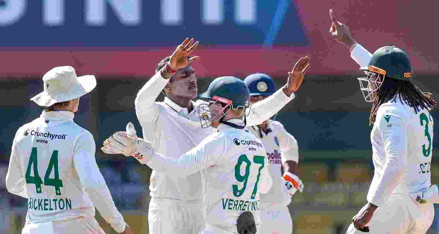 South African players celebrate the dismissal of India's Sai Sudharsan during the fifth day of the second Test cricket match between India and South Africa, at ACA Stadium, Barsapara in Guwahati, Wednesday. South African players celebrate the dismissal of India's Sai Sudharsan during the fifth day of the second Test cricket match between India and South Africa, at ACA Stadium, Barsapara in Guwahati, Wednesday.