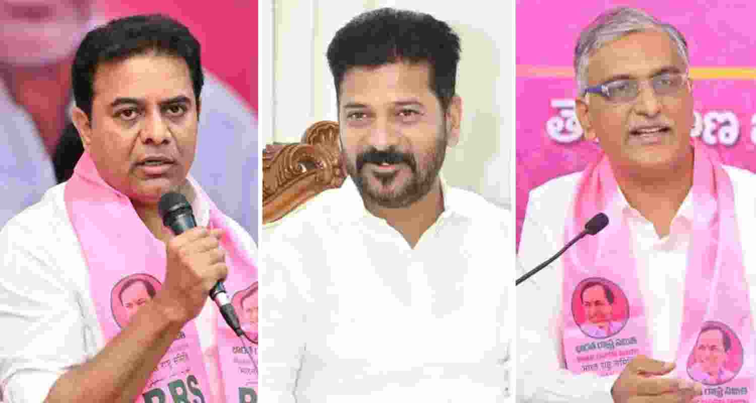 (From left to right) Bharat Rashtra Samithi working president KT Rama Rao, Telangana CM A Revanth Reddy and former Minister T Harish Rao. (From left to right) Bharat Rashtra Samithi working president KT Rama Rao, Telangana CM A Revanth Reddy and former Minister T Harish Rao.
