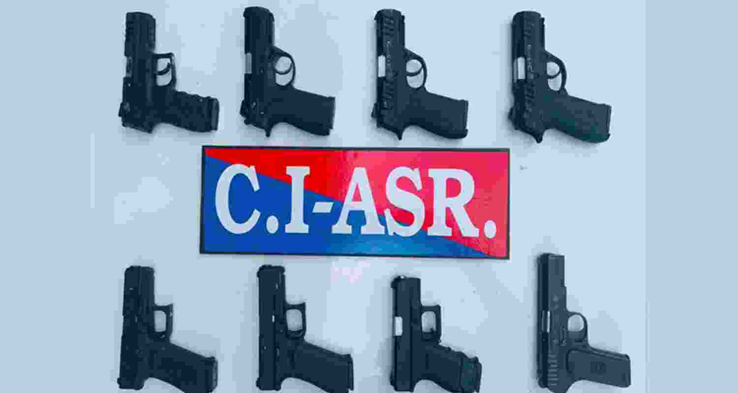 Three Glock 9mm pistols, four Px5 pistols, and one .30 bore pistol seized from the arrested individuals. Three Glock 9mm pistols, four Px5 pistols, and one .30 bore pistol seized from the arrested individuals.