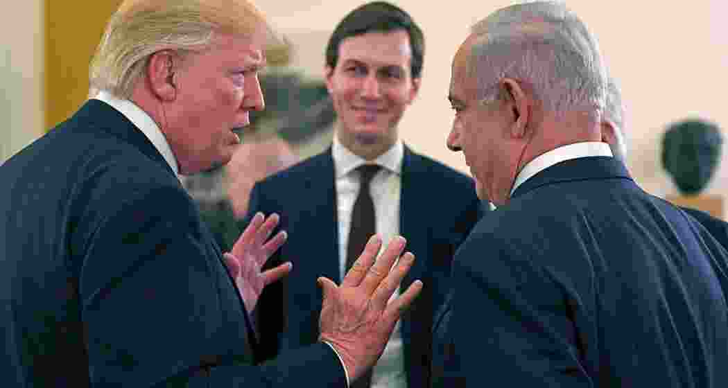 President Trump (L) and Jared Kushner (C) meet with Israel Prime Minister Benjamin Netanyahu (R) in Israel. President Trump (L) and Jared Kushner (C) meet with Israel Prime Minister Benjamin Netanyahu (R) in Israel.