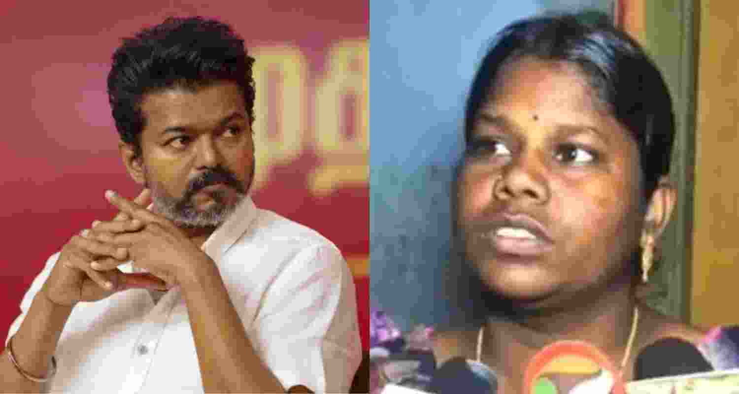 TVK chief Vijay (left) and M Sangavi, whose husband Ramesh was among the 41 victims. TVK chief Vijay (left) and M Sangavi, whose husband Ramesh was among the 41 victims.