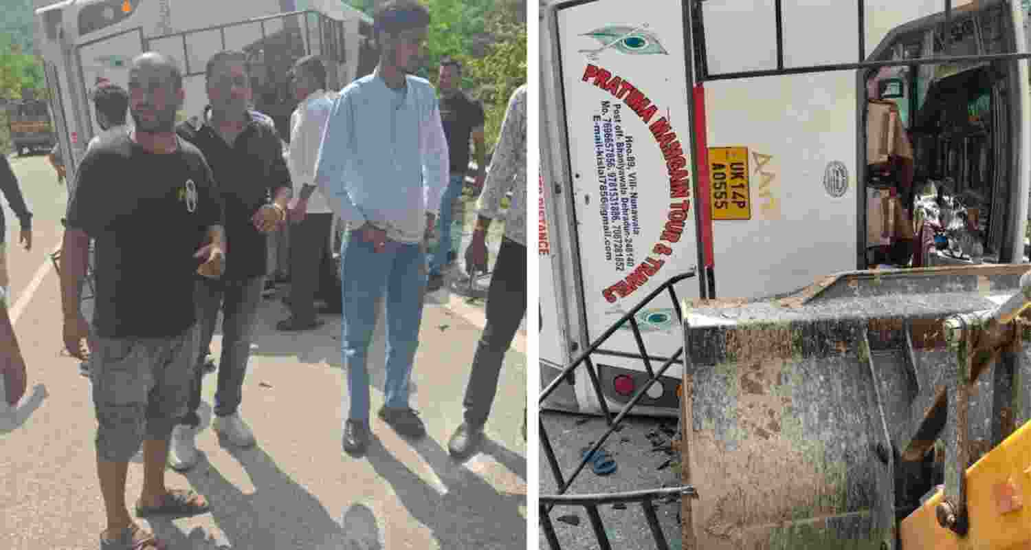 Two killed and 12 injured as bus overturns on Rishikesh road in Uttarakhand on Wednesday. Two killed and 12 injured as bus overturns on Rishikesh road in Uttarakhand on Wednesday.