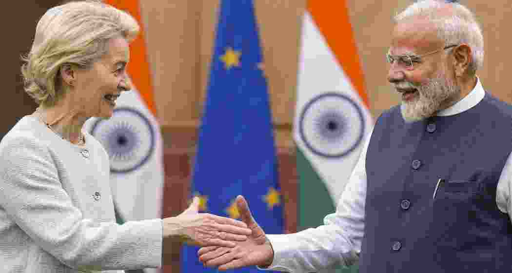 European Commission President Ursula von der Leyen and India's Prime Minister Narendra Modi arrive for a photo opportunity ahead of their meeting at the Hyderabad House in New Delhi, India, February 28, 2025. European Commission President Ursula von der Leyen and India's Prime Minister Narendra Modi arrive for a photo opportunity ahead of their meeting at the Hyderabad House in New Delhi, India, February 28, 2025.