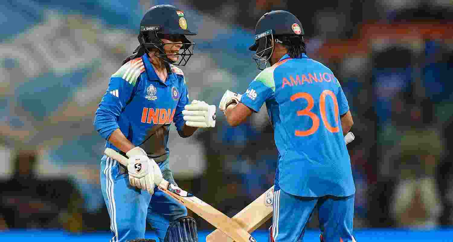 India's Jemimah Rodrigues and Amanjot Kaur during the ICC Women's ODI World Cup semifinal against Australia in Navi Mumbai on Thursday. India's Jemimah Rodrigues and Amanjot Kaur during the ICC Women's ODI World Cup semifinal against Australia in Navi Mumbai on Thursday.
