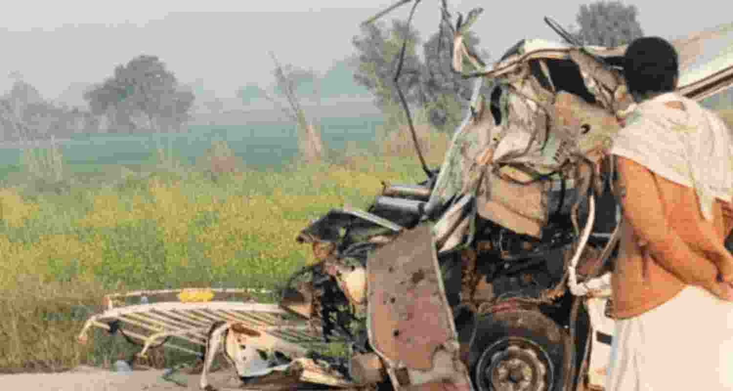 Mangled remains of the vehicle that was involved in a road accident near Qazi Ahmed, Pakistan, leaving five dead and 10 injured. Mangled remains of the vehicle that was involved in a road accident near Qazi Ahmed, Pakistan, leaving five dead and 10 injured.
