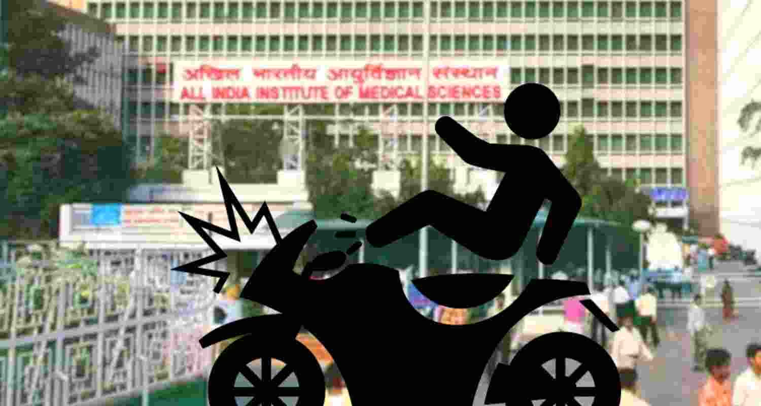 A PNG of a motorcycle accident superimposed on an image of the AIIMS Delhi A PNG of a motorcycle accident superimposed on an image of the AIIMS Delhi