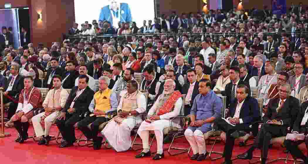PM Modi, CM Himanta Biswa Sarma, industrialists Mukesh Ambani, and others during the Advantage Assam 2.0 Summit. PM Modi, CM Himanta Biswa Sarma, industrialists Mukesh Ambani, and others during the Advantage Assam 2.0 Summit.