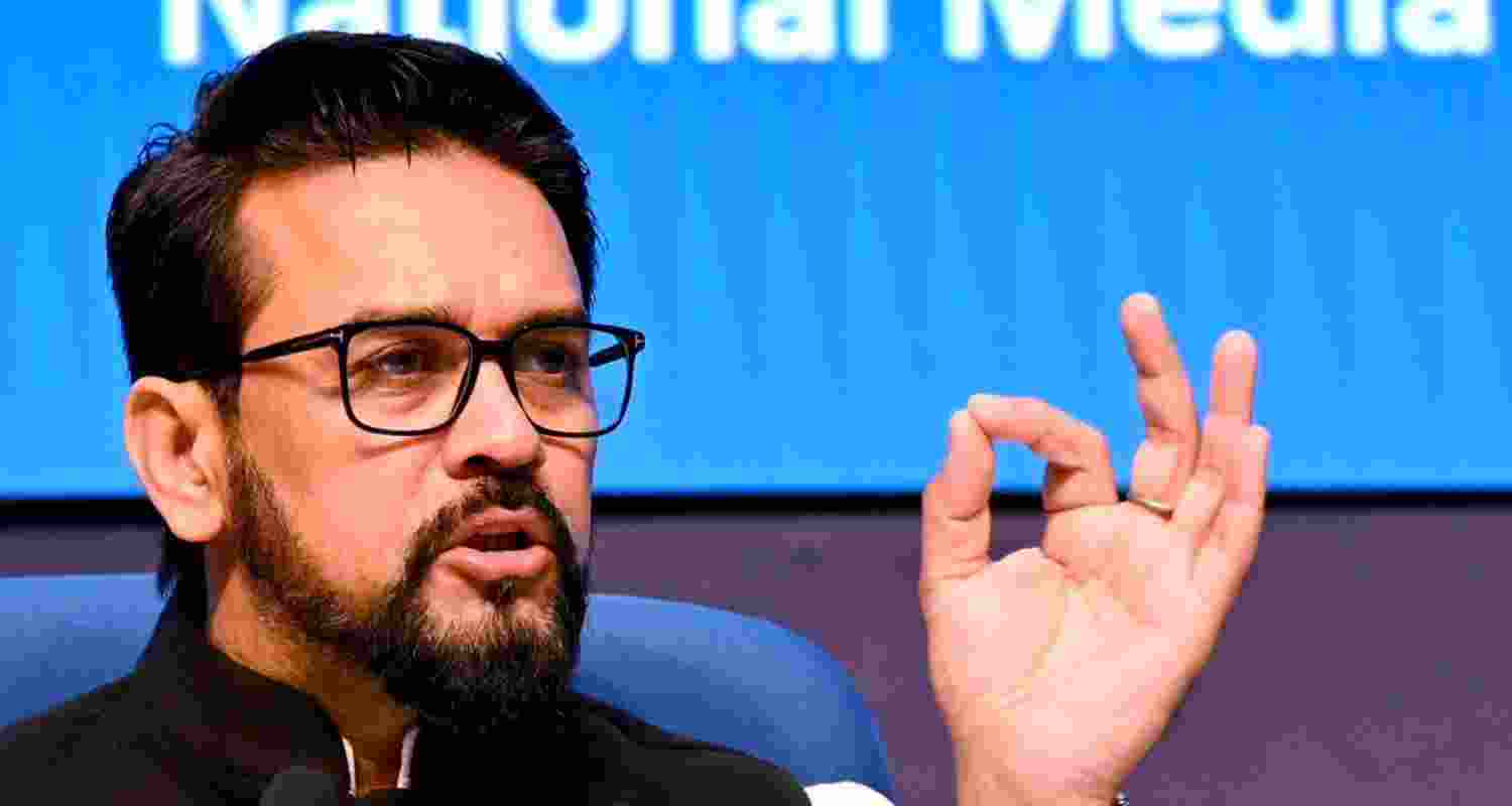 Union Minister Anurag Singh Thakur at a press conference. Union Minister Anurag Singh Thakur at a press conference.