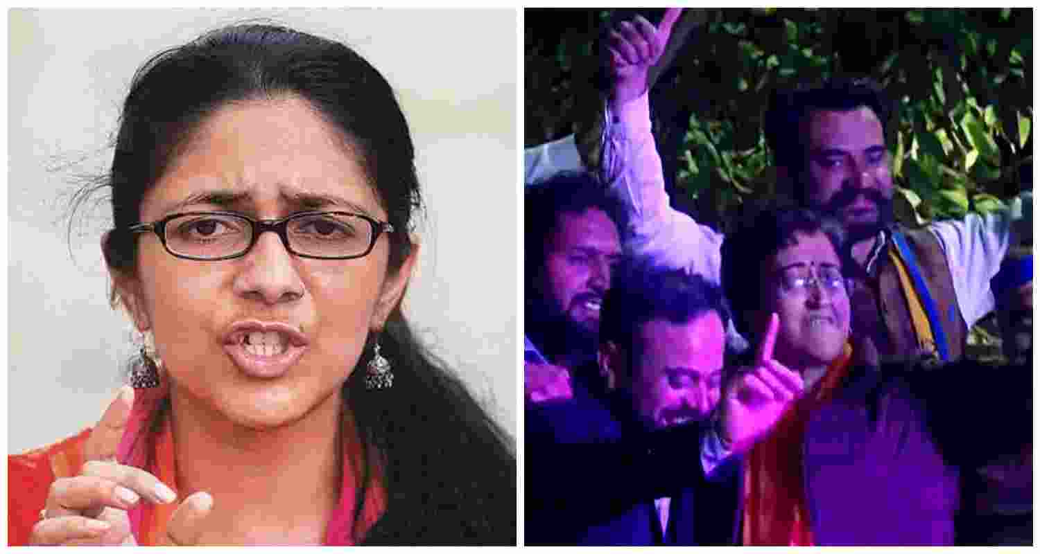 Rajya Sabha MP Swati Maliwal (L) denounced AAP leader Atishi for her celebratory dance after Kalkaji victory, terming it a "shameless display" amid AAP's crushing defeat in the assembly elections. Rajya Sabha MP Swati Maliwal (L) denounced AAP leader Atishi for her celebratory dance after Kalkaji victory, terming it a "shameless display" amid AAP's crushing defeat in the assembly elections.
