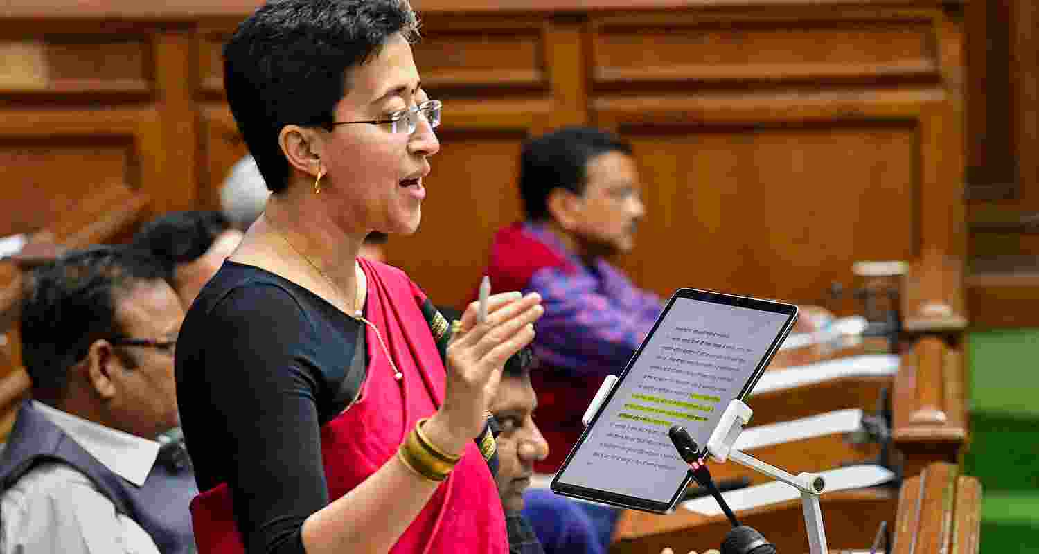 Delhi Finance Minister Atishi during address in assembly. Delhi Finance Minister Atishi during address in assembly.