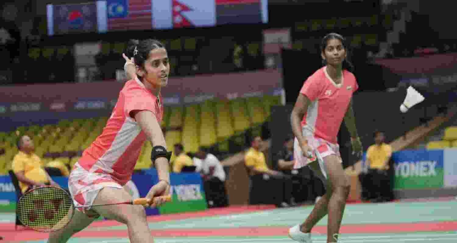 Indian girls' doubles pair in action against UAE in Guwahati on Wednesday. Indian girls' doubles pair in action against UAE in Guwahati on Wednesday.
