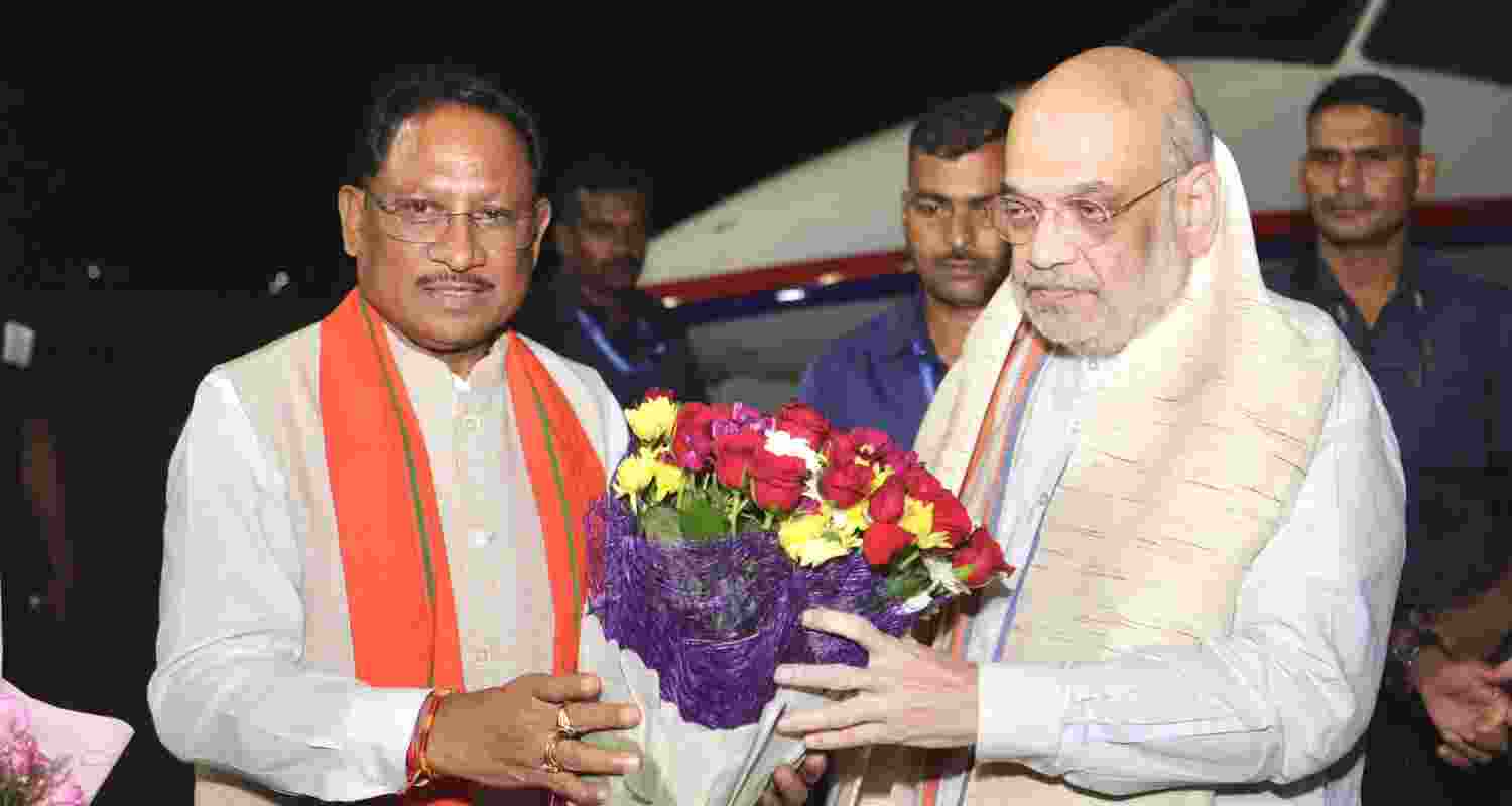Chief Minister of Chhattisgarh Vishnu Deo Sai welcomes Union Home Minister Amit Shah in Raipur to participate in the fair of ‘Bastar Dussehra’, the symbol of culture and harmony, in Jagdalpur, Chhattisgarh. Chief Minister of Chhattisgarh Vishnu Deo Sai welcomes Union Home Minister Amit Shah in Raipur to participate in the fair of ‘Bastar Dussehra’, the symbol of culture and harmony, in Jagdalpur, Chhattisgarh.