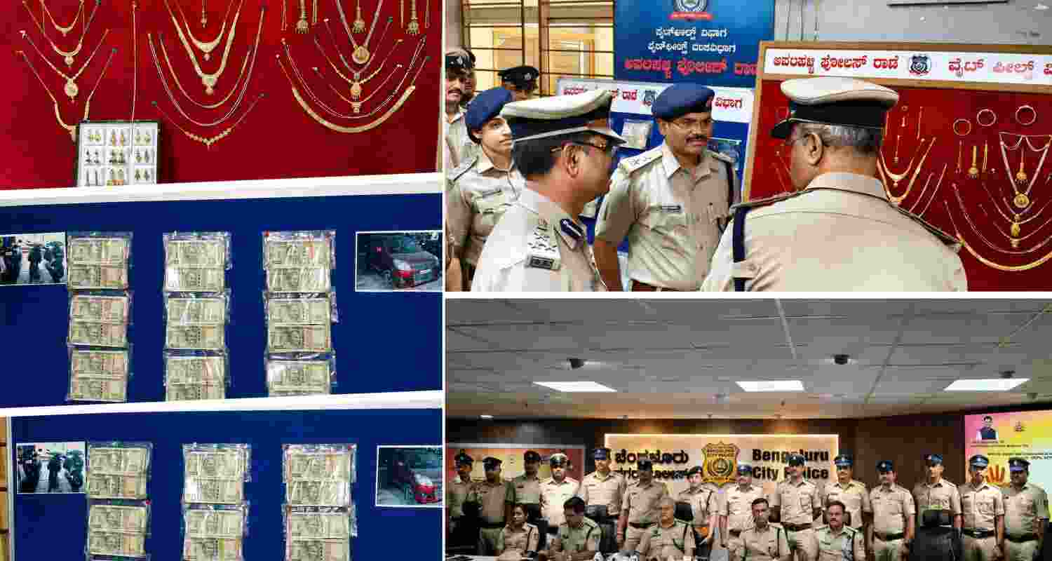 Avalahalli Police arrested four people in two theft cases, recovering Rs 1.28 crore worth of gold, cash, vehicles and stolen property in Bengaluru.
Avalahalli Police arrested four people in two theft cases, recovering Rs 1.28 crore worth of gold, cash, vehicles and stolen property in Bengaluru.