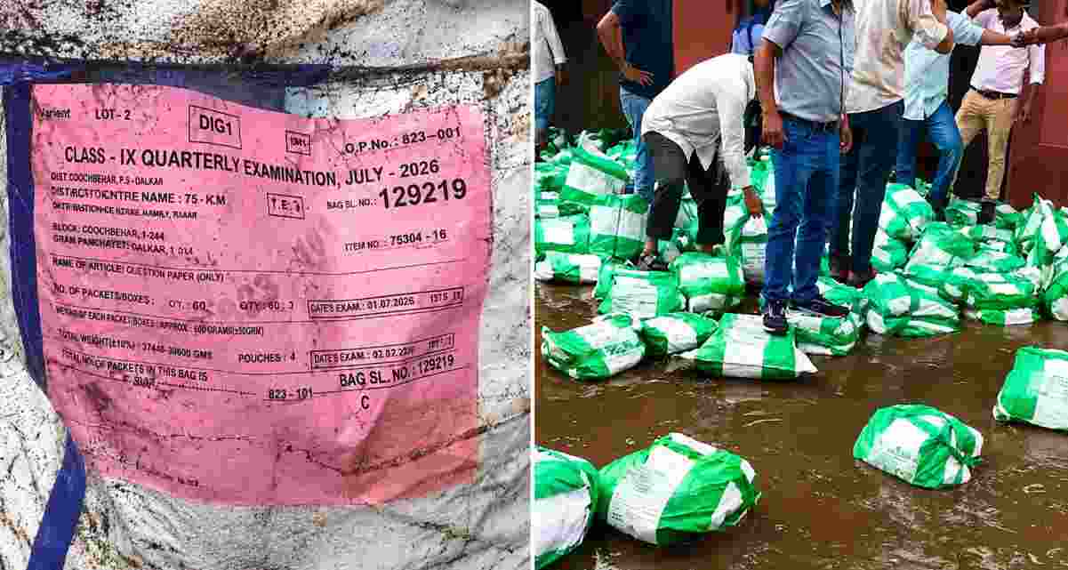 Bundles of Bihar Board question papers and answer sheets lie in rainwater at Buniyadi School in Buxar after heavy rainfall, ahead of the quarterly examinations for Classes 9, 10 and 12. (Screengrab/Social media) Bundles of Bihar Board question papers and answer sheets lie in rainwater at Buniyadi School in Buxar after heavy rainfall, ahead of the quarterly examinations for Classes 9, 10 and 12. (Screengrab/Social media)