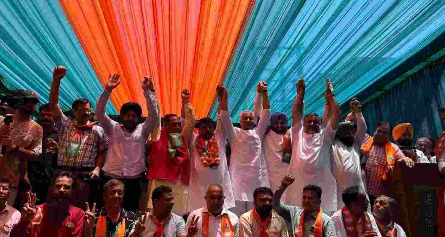 BJP candidate Jiwan Gupta, along with senior party leaders in Ludhiana on Monday. BJP candidate Jiwan Gupta, along with senior party leaders in Ludhiana on Monday.