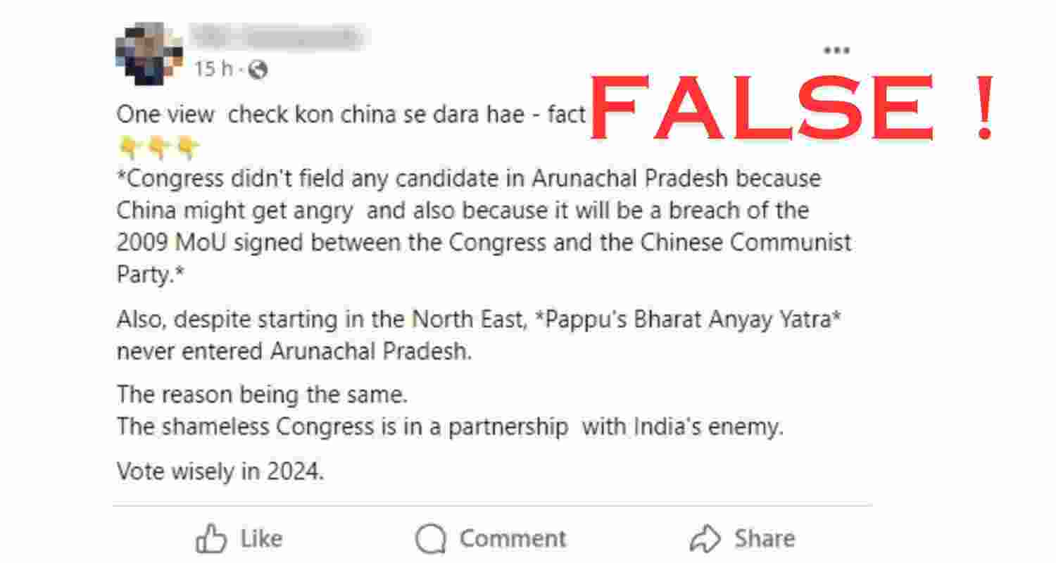 The viral post circulating on social media claimed that the Congress party refrained from nominating candidates in Arunachal Pradesh to avert potential backlash from China. The viral post circulating on social media claimed that the Congress party refrained from nominating candidates in Arunachal Pradesh to avert potential backlash from China.