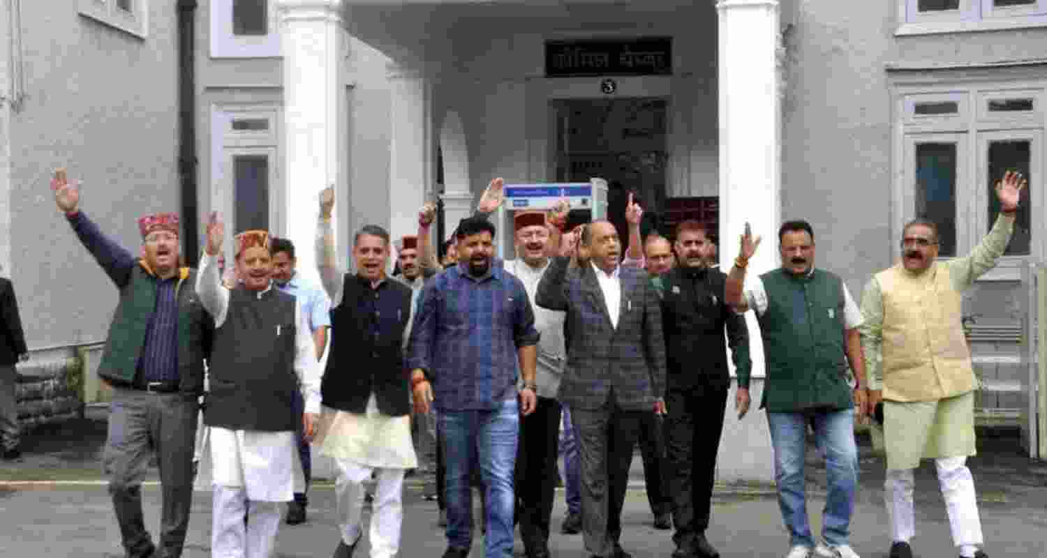 BJP MLAs leave house in protest over alleged wrong job data at Vidhan Sabha in Shimla on Wednesday. BJP MLAs leave house in protest over alleged wrong job data at Vidhan Sabha in Shimla on Wednesday.