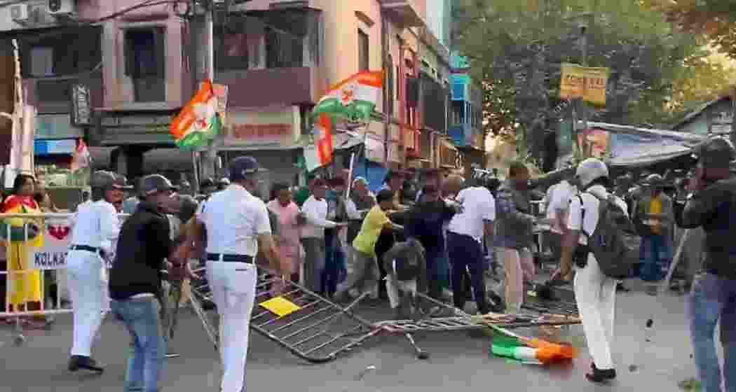 Scenes from Kolkata Entally where Congress workers clashed with BJP Yuva Morcha activists during a protest. The confrontation occurred amid allegations of assault on BJP MPs in Parliament, with Mamata Banerjee's police accused of inaction. Scenes from Kolkata Entally where Congress workers clashed with BJP Yuva Morcha activists during a protest. The confrontation occurred amid allegations of assault on BJP MPs in Parliament, with Mamata Banerjee's police accused of inaction.