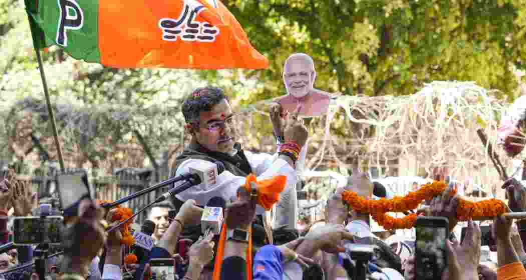 BJP candidate from New Delhi assembly constituency Parvesh Verma celebrates outside a counting center after claiming victory in the Delhi Assembly polls amid the counting of votes, in New Delhi on Saturday, Feb. 8, 2025. BJP candidate from New Delhi assembly constituency Parvesh Verma celebrates outside a counting center after claiming victory in the Delhi Assembly polls amid the counting of votes, in New Delhi on Saturday, Feb. 8, 2025.