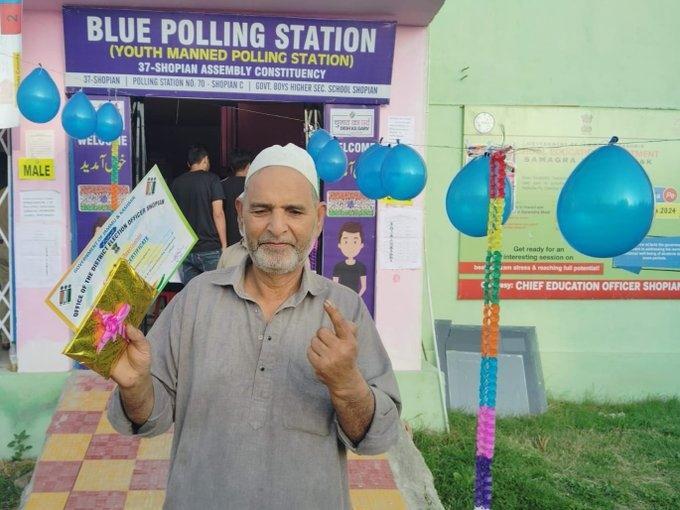 In an initiative to increase voter participation, the district administration in Shopian felicitated voters who were among the first to report on the polling stations on Wednesday. In an initiative to increase voter participation, the district administration in Shopian felicitated voters who were among the first to report on the polling stations on Wednesday.