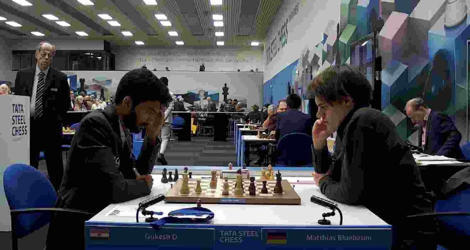 World chess champion D Gukesh and Matthias Bluebaum of Germany in action in a ninth round game at the Tata Steel Masters chess tournament. World chess champion D Gukesh and Matthias Bluebaum of Germany in action in a ninth round game at the Tata Steel Masters chess tournament.