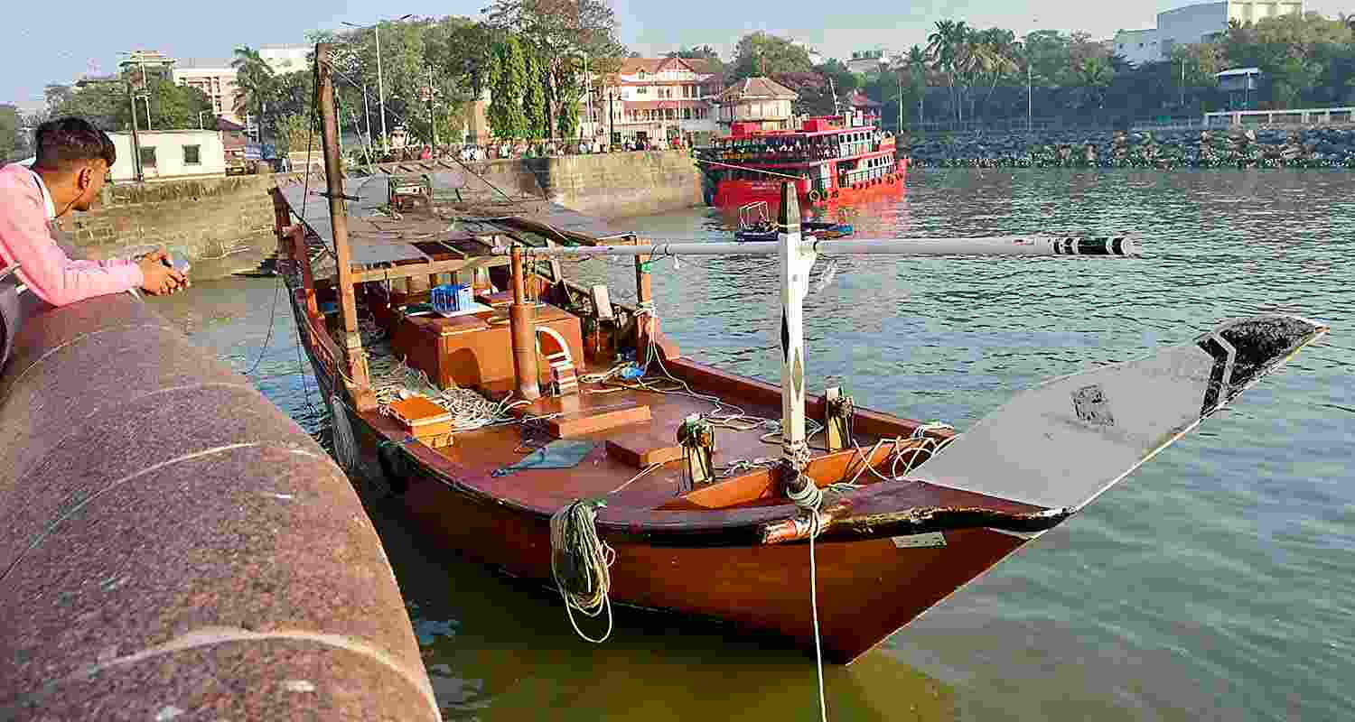 A boat, which was used by three persons who arrived from Kuwait, anchored at the Gateway of India, in Mumbai A boat, which was used by three persons who arrived from Kuwait, anchored at the Gateway of India, in Mumbai