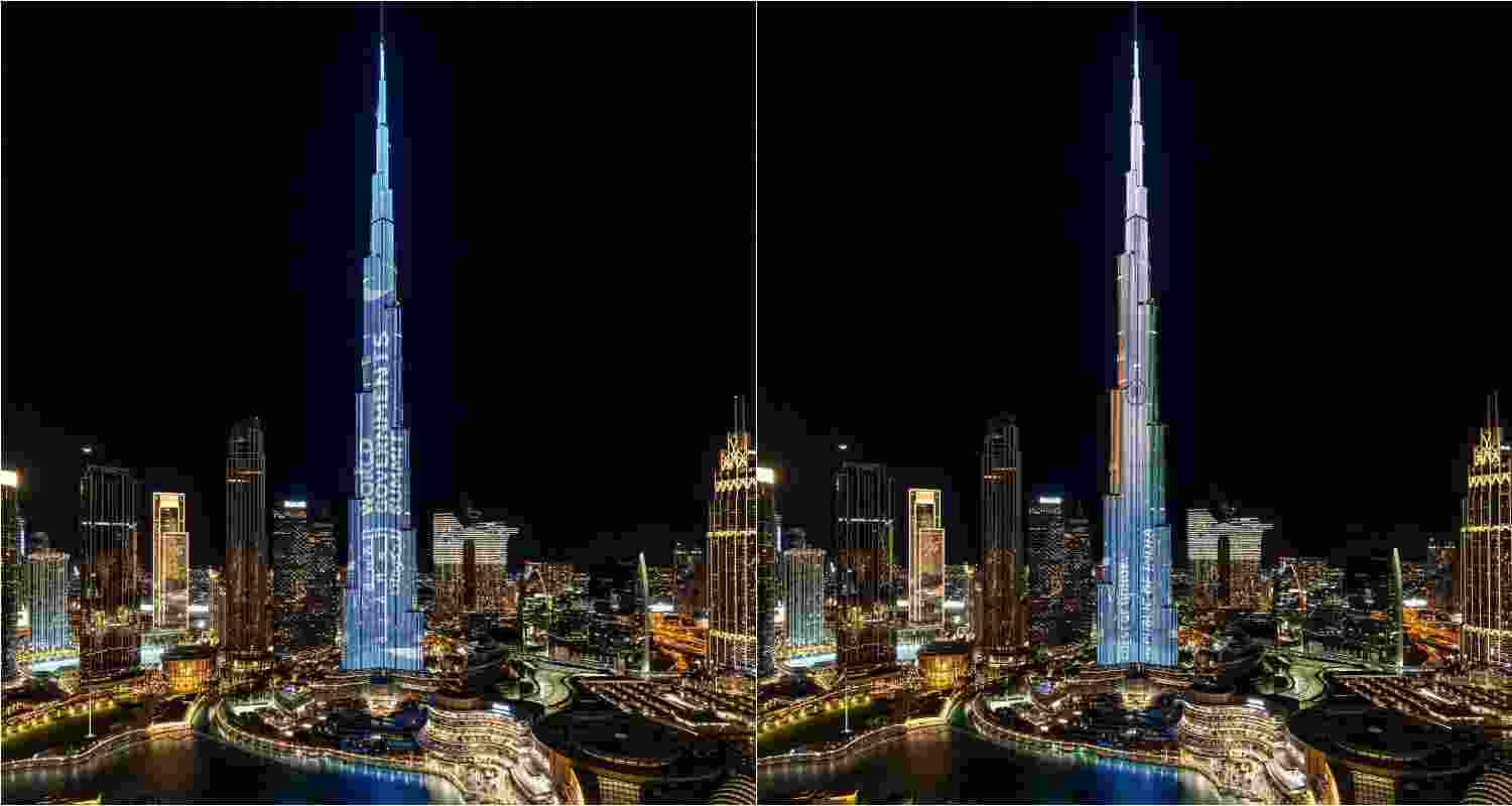 Burj Khalifa illuminated with Indian Tricolour in honor of PM Modi's arrival for World Govt Summit. Image Credit: X Burj Khalifa illuminated with Indian Tricolour in honor of PM Modi's arrival for World Govt Summit. Image Credit: X