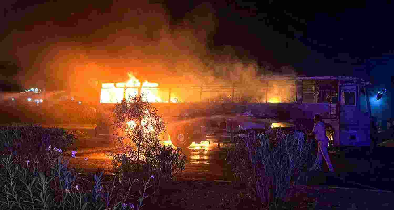 Flames out after a bus caught fire that left at least eight dead and twenty others injured, near Tauru in Haryana's Nuh district, in the early hours of Saturday. Flames out after a bus caught fire that left at least eight dead and twenty others injured, near Tauru in Haryana's Nuh district, in the early hours of Saturday.