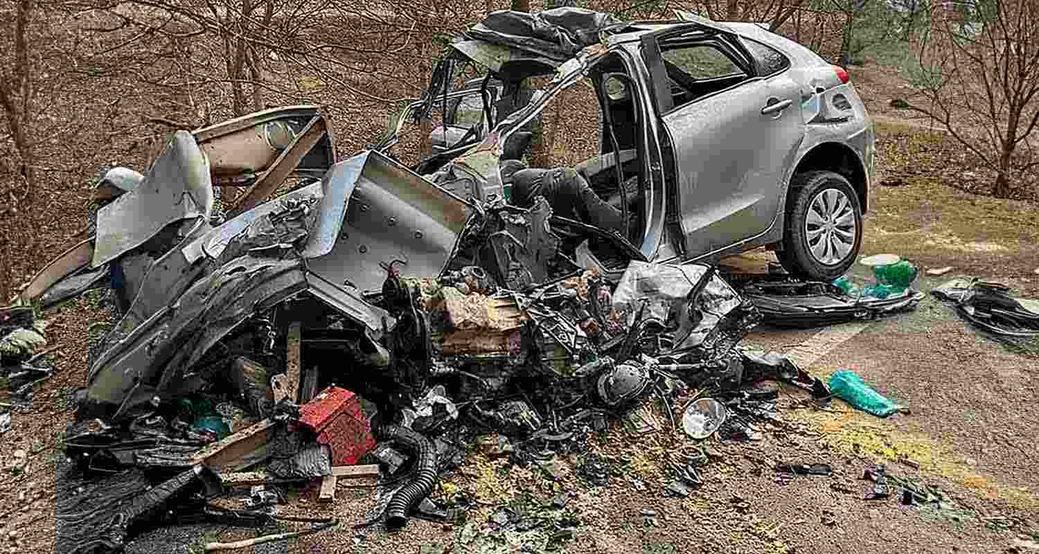 Wreckage of a car after a collision with a Haryana Roadways bus, in Rewari district, Wednesday. At least five people were killed in the accident, according to officials. Wreckage of a car after a collision with a Haryana Roadways bus, in Rewari district, Wednesday. At least five people were killed in the accident, according to officials.