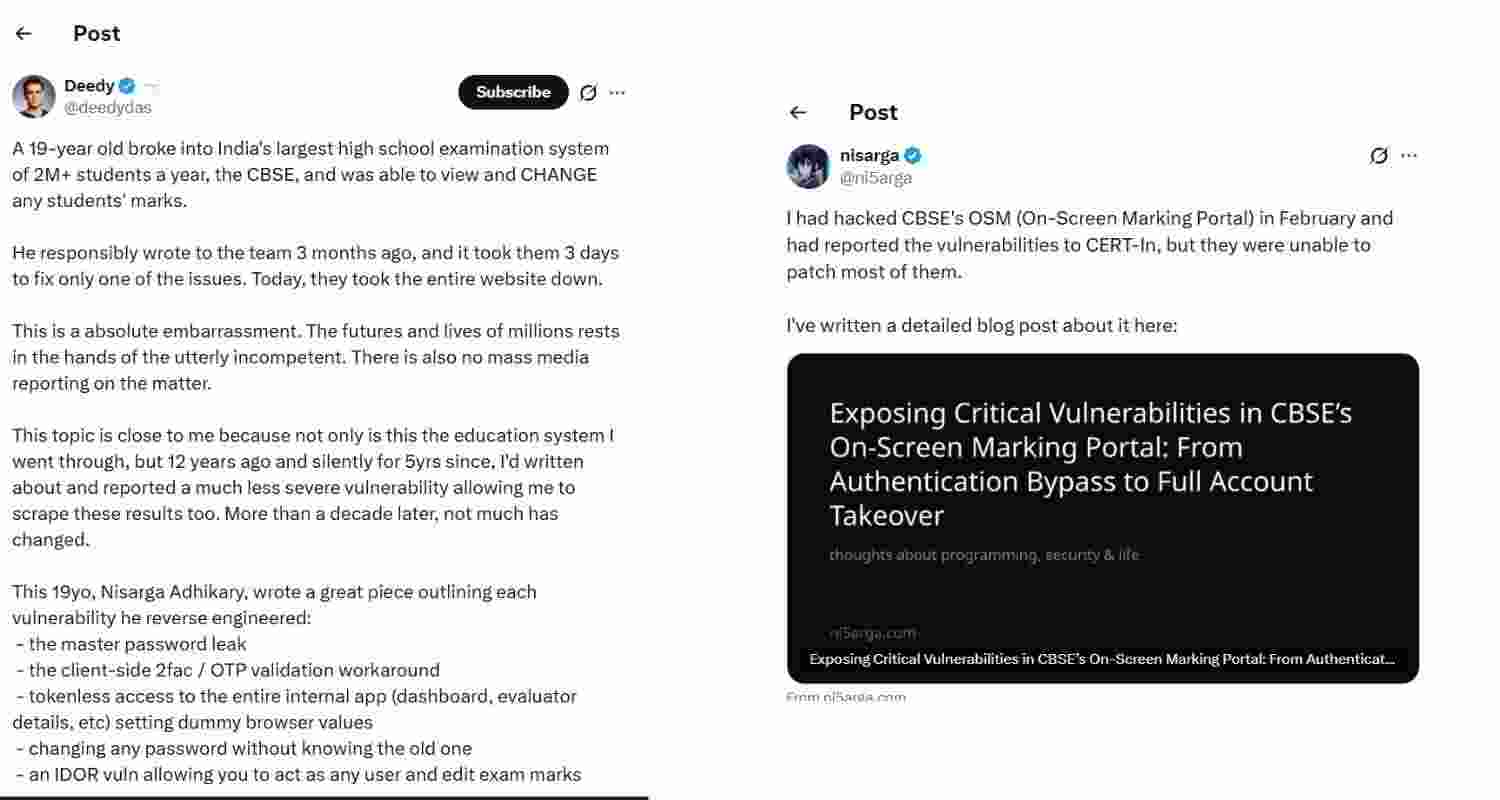 Teen researcher claims CBSE portal vulnerabilities exposed marks system flaws, as IIT team probes glitches and possible cyber issues. Teen researcher claims CBSE portal vulnerabilities exposed marks system flaws, as IIT team probes glitches and possible cyber issues.