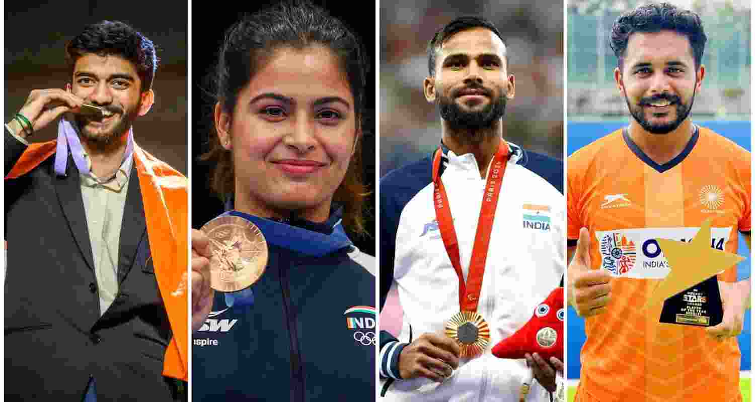 Image - Gukesh, Manu Bhaker, Parveen Kumar, Harmanpreet Singh. (From L to R). Image - Gukesh, Manu Bhaker, Parveen Kumar, Harmanpreet Singh. (From L to R).