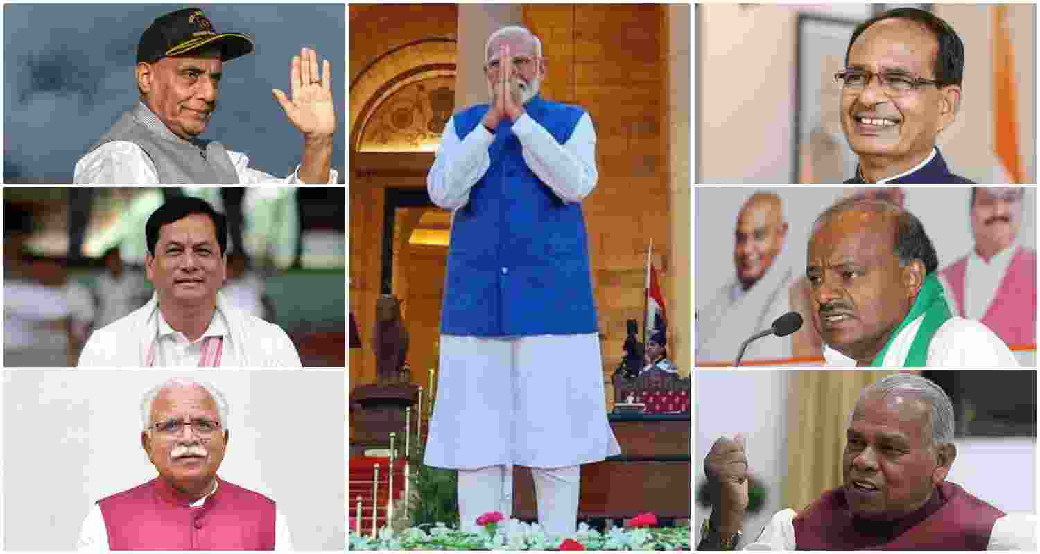 (Clockwise from top left) Former Chief Ministers, Rajnath Singh of Uttar Pradesh, Narendra Modi of Gujarat (center), Shivraj Singh Chouhan of Madhya Pradesh, H D Kumaraswamy of Karnataka, Jitan Ram Manjhi of Bihar, Manohar Lal Khattar of Haryana, and Sarbananda Sonowal of Assam. (Clockwise from top left) Former Chief Ministers, Rajnath Singh of Uttar Pradesh, Narendra Modi of Gujarat (center), Shivraj Singh Chouhan of Madhya Pradesh, H D Kumaraswamy of Karnataka, Jitan Ram Manjhi of Bihar, Manohar Lal Khattar of Haryana, and Sarbananda Sonowal of Assam.