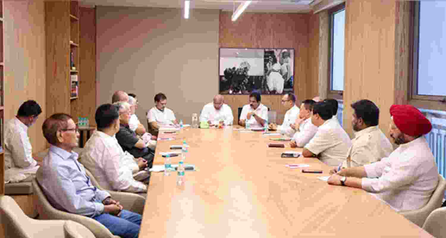 Congress president Mallikarjun Kharge and Lok Sabha LoP Rahul Gandhi held a meeting with Manipur leadership at Indira Bhawan in New Delhi. Congress president Mallikarjun Kharge and Lok Sabha LoP Rahul Gandhi held a meeting with Manipur leadership at Indira Bhawan in New Delhi.