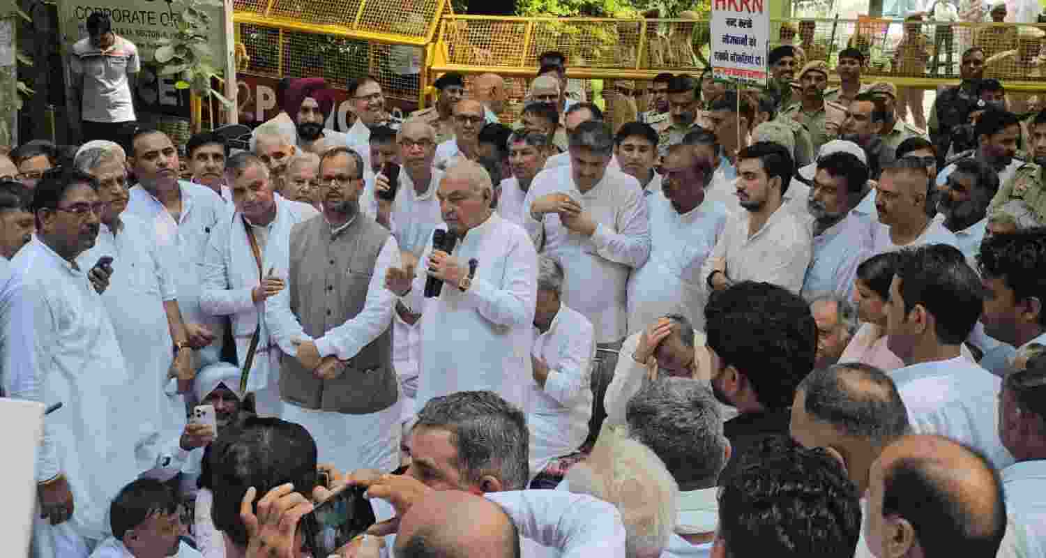 Congress workers stage a protest demanding regularisation and job security for skilled contractual workers in Haryana. Congress workers stage a protest demanding regularisation and job security for skilled contractual workers in Haryana.