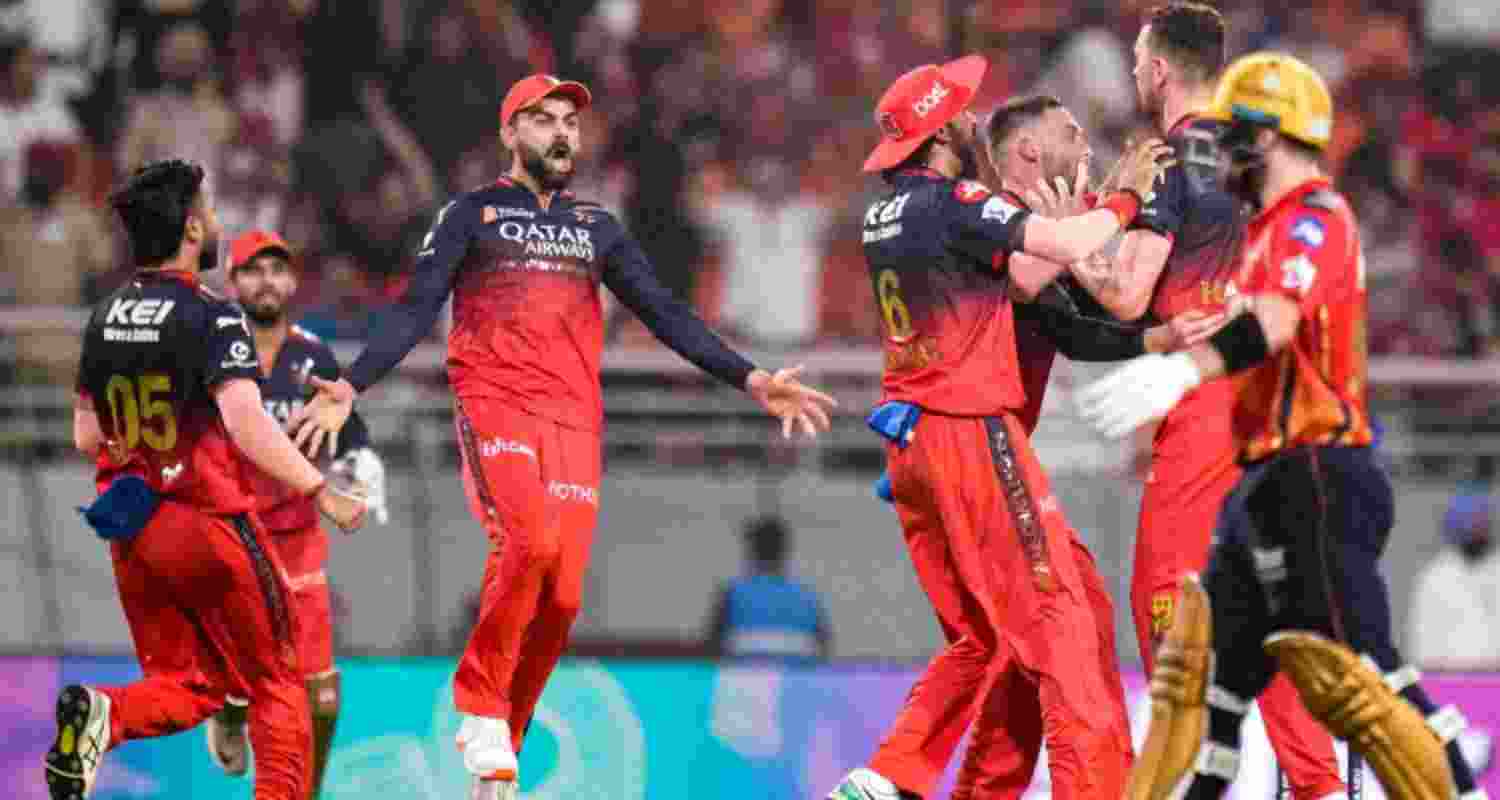 Royal Challengers Bengaluru players celebrate after picking a wicket. Royal Challengers Bengaluru players celebrate after picking a wicket.