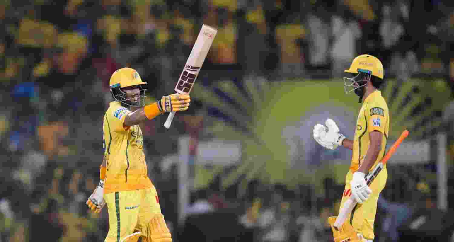 Chennai Super Kings' Kartik Sharma, left, celebrates his half century with captain Ruturaj Gaikwad during the Indian Premier League (IPL) 2026 T20 cricket match between Chennai Super Kings and Mumbai Indians, in Chennai, Tamil Nadu, Saturday, May 2, 2026. Chennai Super Kings' Kartik Sharma, left, celebrates his half century with captain Ruturaj Gaikwad during the Indian Premier League (IPL) 2026 T20 cricket match between Chennai Super Kings and Mumbai Indians, in Chennai, Tamil Nadu, Saturday, May 2, 2026.
