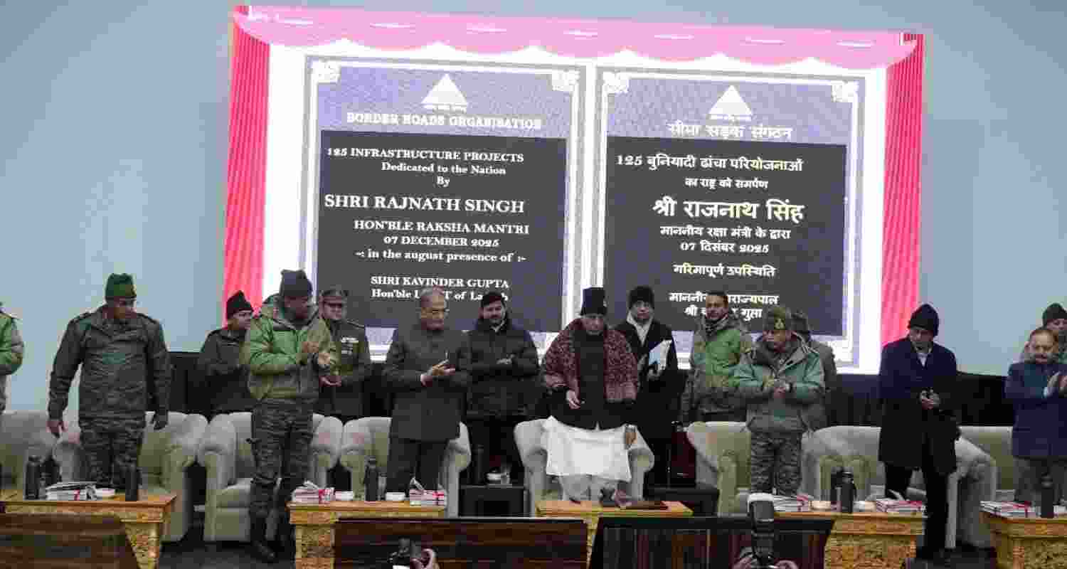 Defence Minister Rajnath Singh, along with other dignitaries, during the inauguration of the 125 strategic infrastructure projects in Ladakh on Sunday. Defence Minister Rajnath Singh, along with other dignitaries, during the inauguration of the 125 strategic infrastructure projects in Ladakh on Sunday.