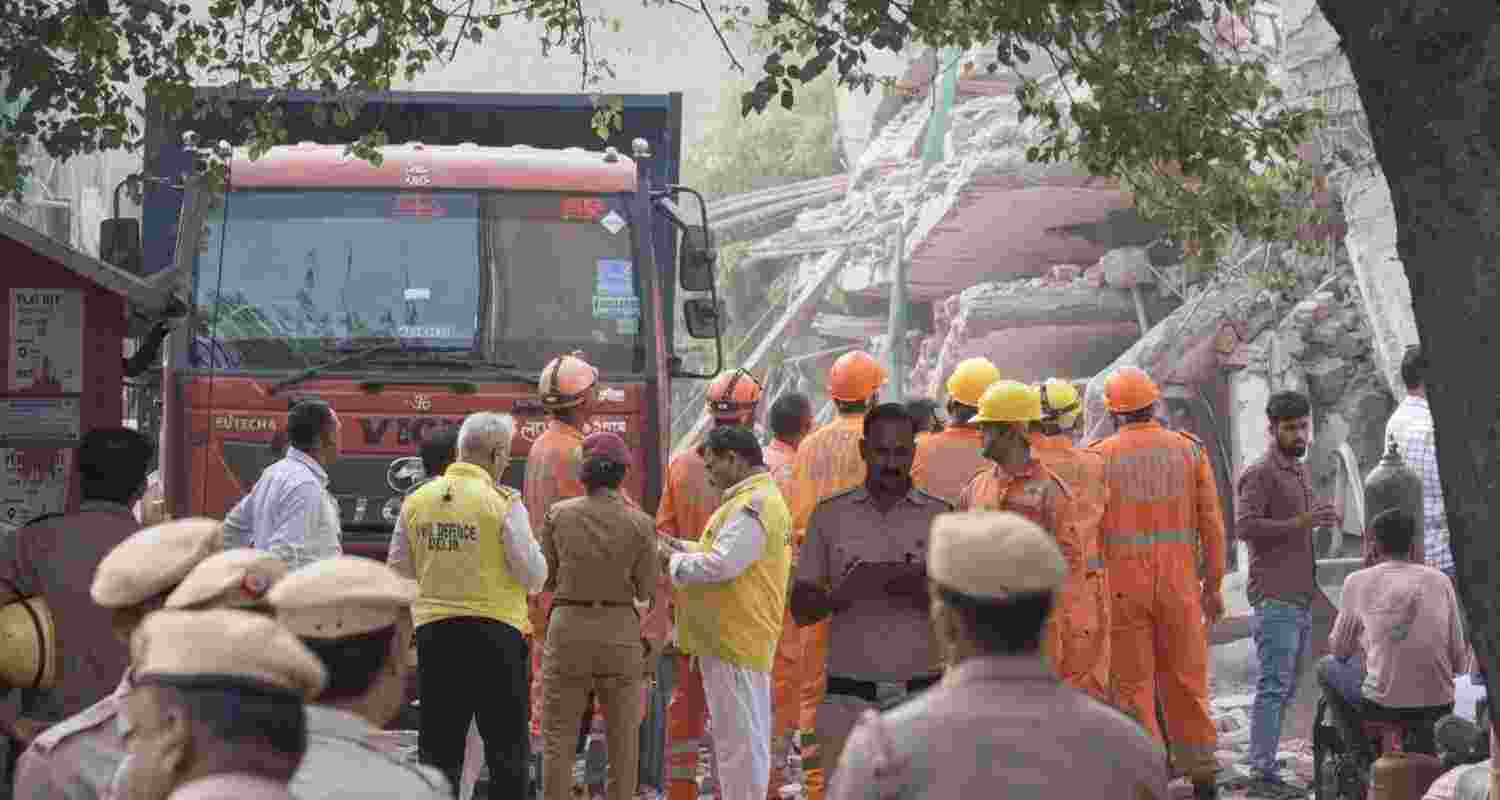 NDRF and police personnel during a rescue operation after a three-storey commercial building collapsed on Saturday evening near the Saket metro station, in New Delhi, Sunday, May 31, 2026. As many as 12 people were rescued, two with critical injuries in the incident. NDRF and police personnel during a rescue operation after a three-storey commercial building collapsed on Saturday evening near the Saket metro station, in New Delhi, Sunday, May 31, 2026. As many as 12 people were rescued, two with critical injuries in the incident.