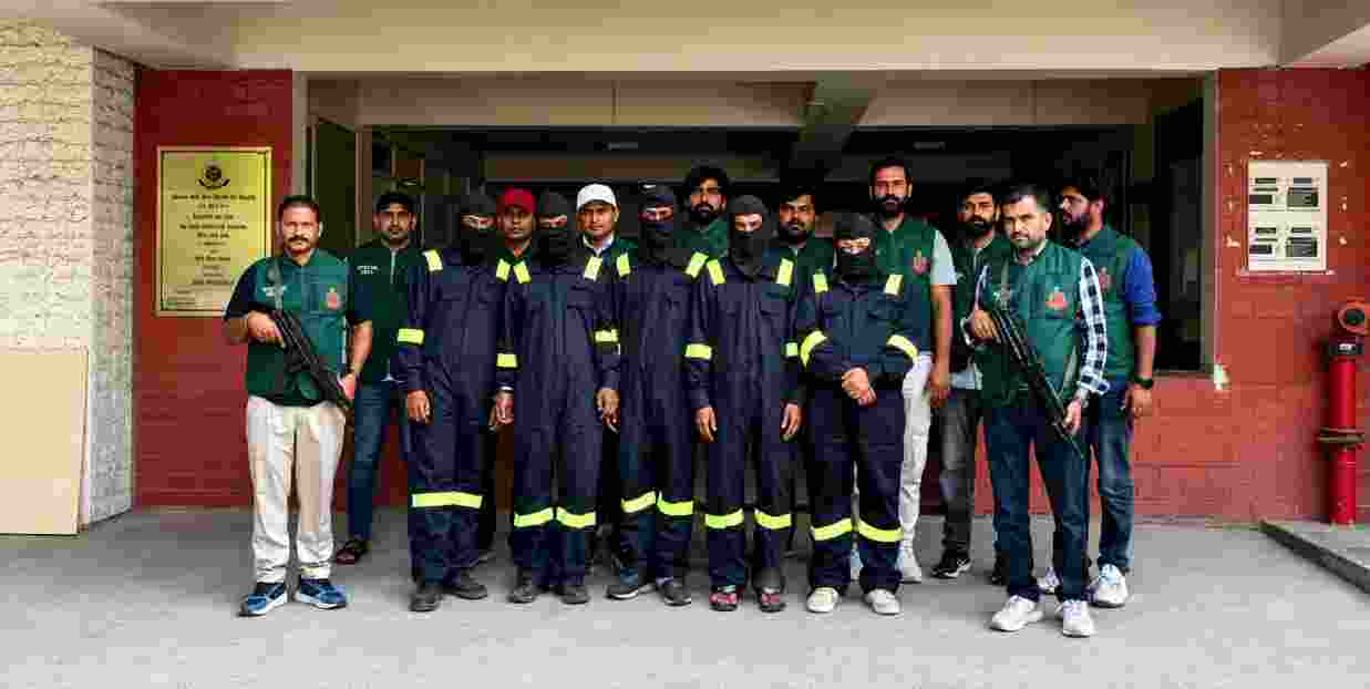 Five of the nine accused arrested in connection with a suspected ISI-linked terror module are presented by Delhi Police during a press briefing in New Delhi on Saturday. Five of the nine accused arrested in connection with a suspected ISI-linked terror module are presented by Delhi Police during a press briefing in New Delhi on Saturday.