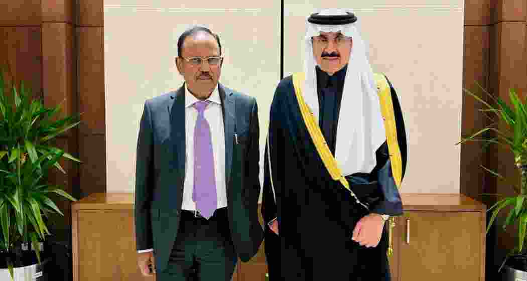 National Security Adviser Ajit Doval meets Saudi National Security Adviser Musaed bin Mohammed Al-Aiban in Riyadh on Wednesday during his official visit. National Security Adviser Ajit Doval meets Saudi National Security Adviser Musaed bin Mohammed Al-Aiban in Riyadh on Wednesday during his official visit.