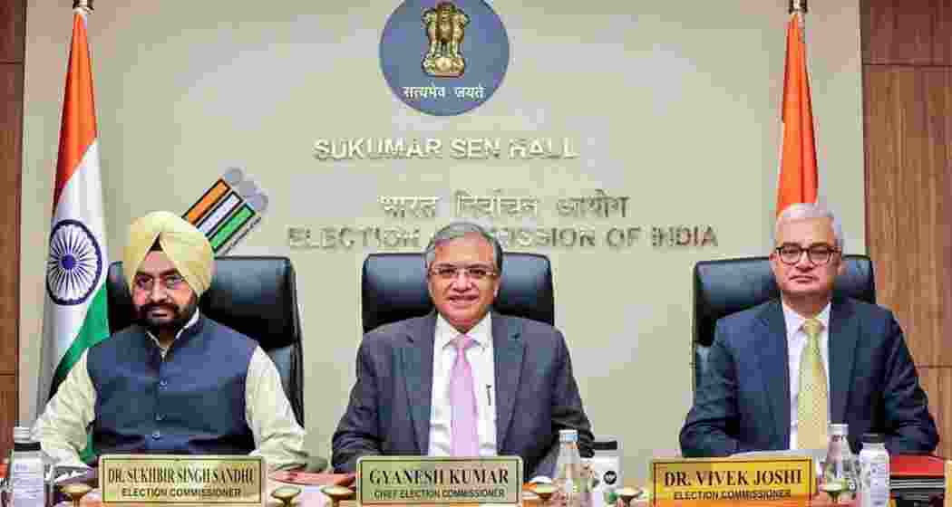 Chief Election Commissioner Gyanesh Kumar along with Election Commissioners Sukhbir Singh Sandhu (L) and Vivek Joshi (R). Chief Election Commissioner Gyanesh Kumar along with Election Commissioners Sukhbir Singh Sandhu (L) and Vivek Joshi (R).