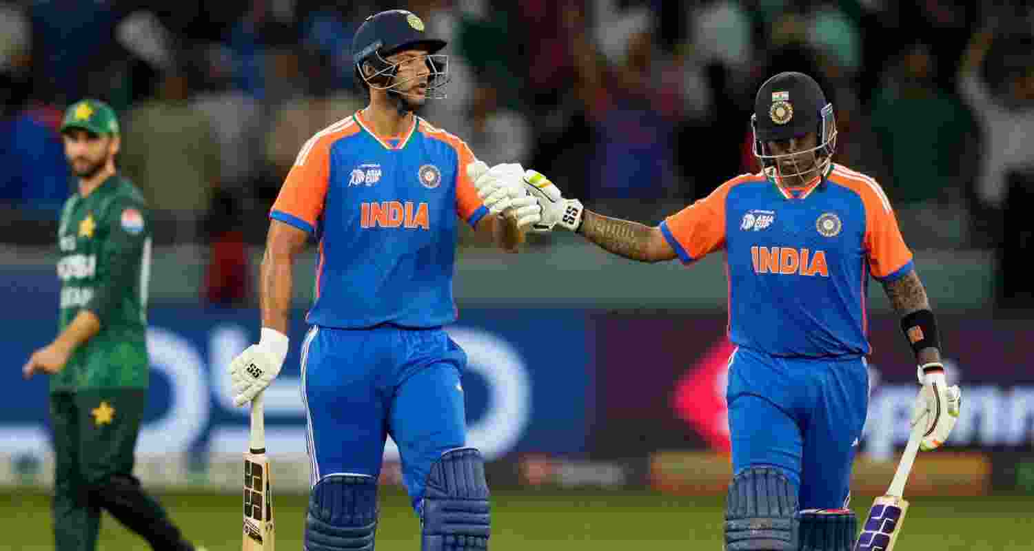 Shivam Dube and skipper Suryakumar Yadav proceeding towards the dugout without even looking at the opposition players after sealing the match. Shivam Dube and skipper Suryakumar Yadav proceeding towards the dugout without even looking at the opposition players after sealing the match.