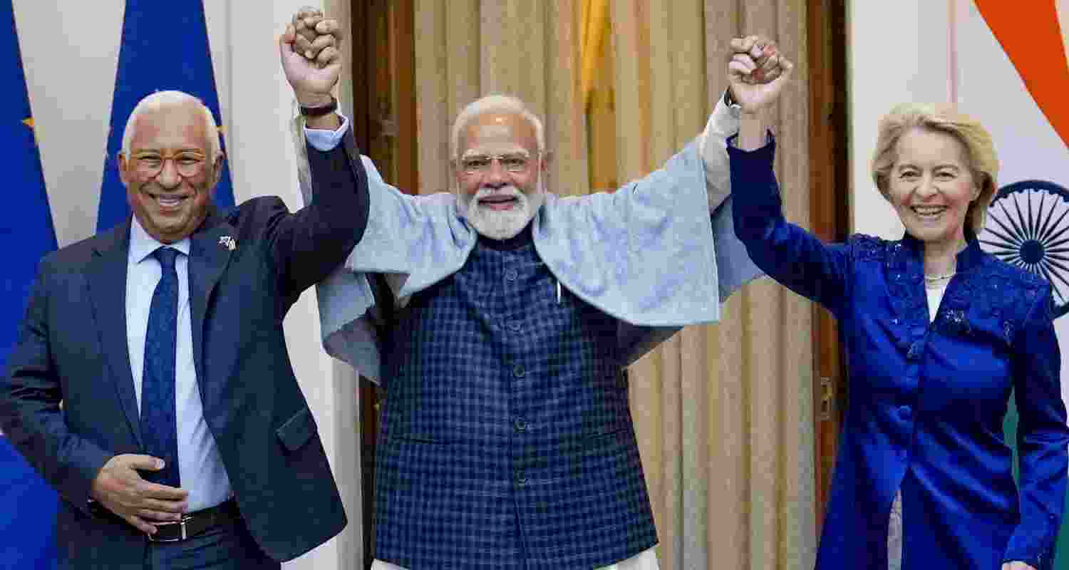 PM Modi with EU Chief Ursula Gertrud von der Leyen (right), and EU Council President António Costa (left). PM Modi with EU Chief Ursula Gertrud von der Leyen (right), and EU Council President António Costa (left).